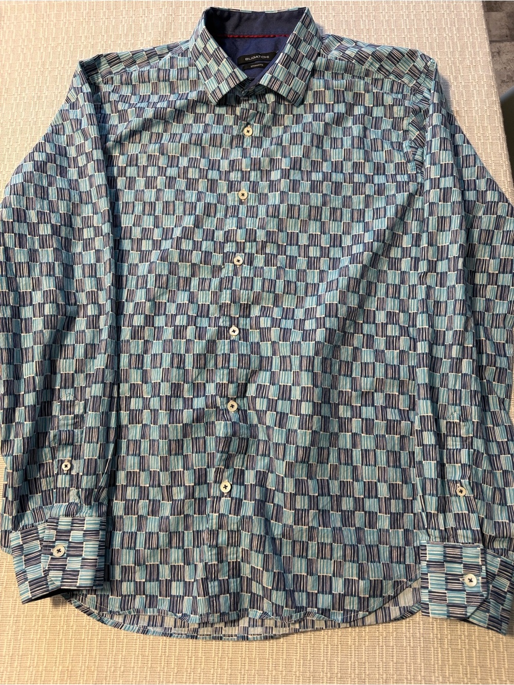Bugatchi Men's Blue and White Geometric Dress Shirt